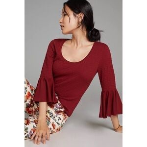 Anthropologie Blouse Smocked Bell-Sleeve Top Shirt in Wine M